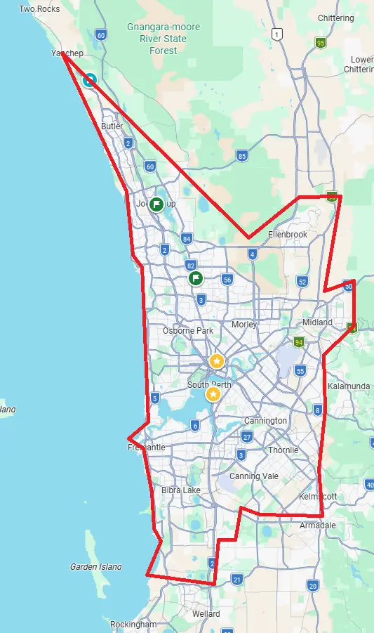 Map showing the free delivery area